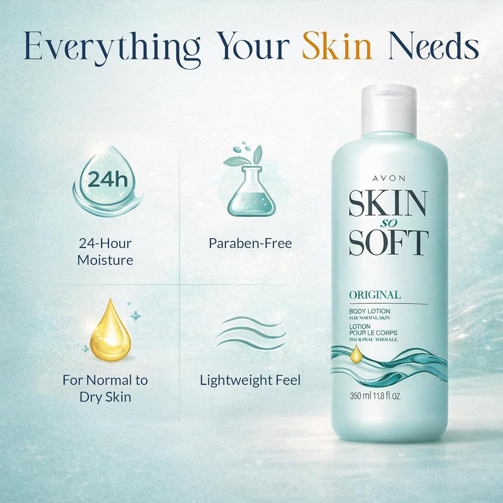 AVON Skin So Soft Original Body Lotion for Women, Paraben-Free Moisturizing Hand and Body Lotion for Dry Skin with Jojoba Oil, Non-Greasy Lightweight Body Moisturizer, 24-Hour Hydration, 11.8 fl oz