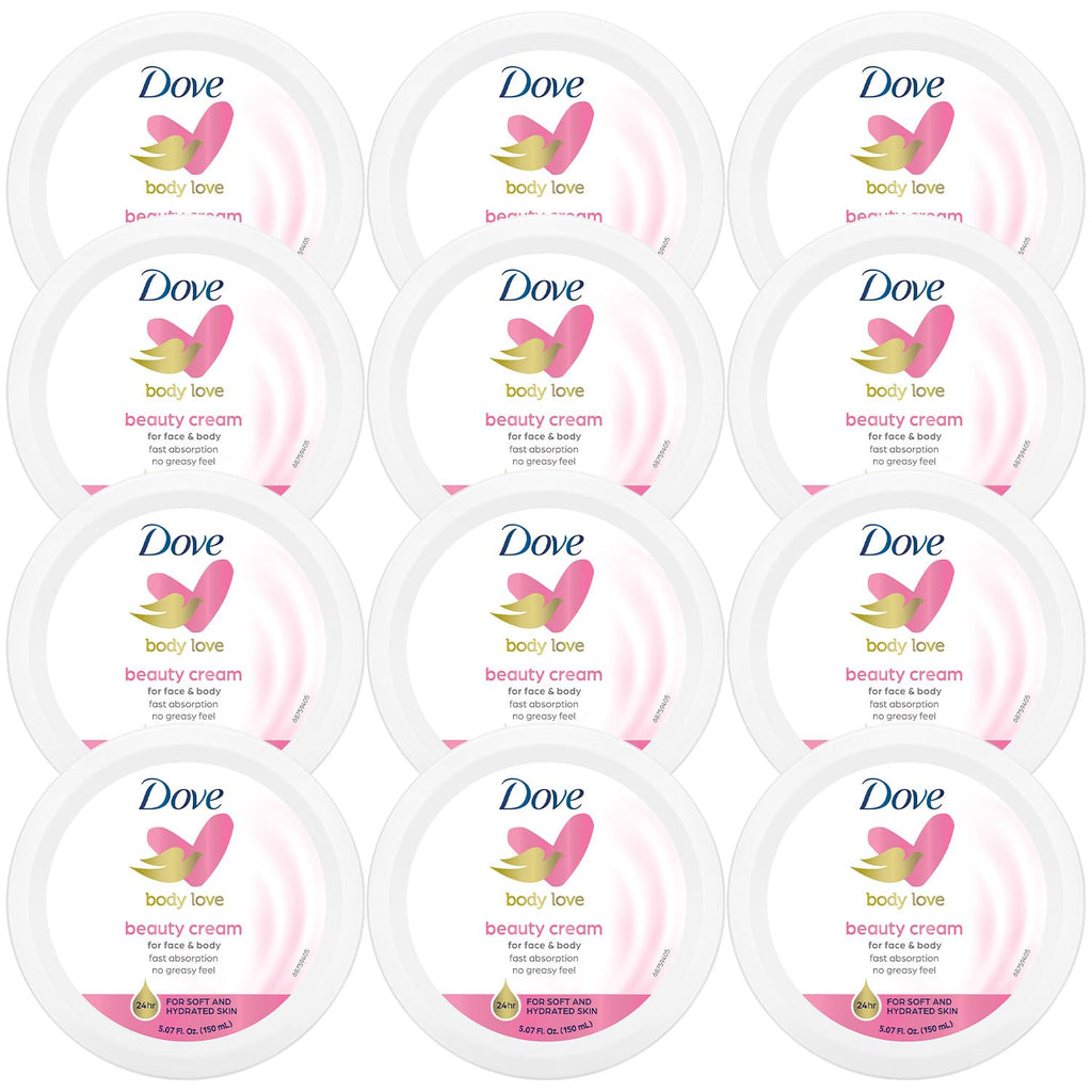 Dove Body Love Beauty Cream, Lightweight, Fast-Absorbing Face and Body Cream for Normal to Dry Skin, 24-Hour Moisture, Luxuriously Scented Face Cream, Hand & Body Lotion, 5.07 Fl Oz (Pack of 12)